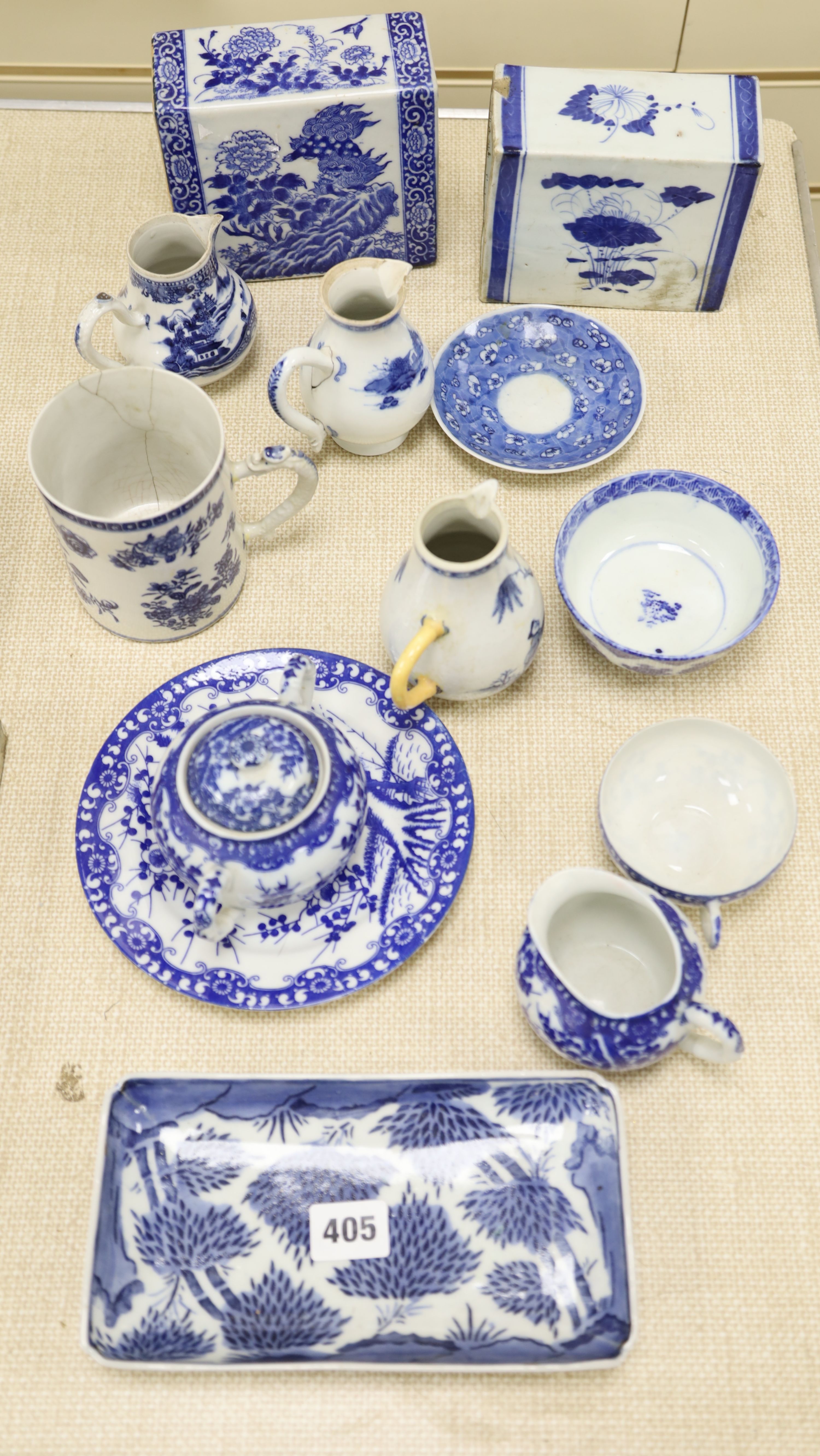 An 18th century Chinese export blue and white mug, 10.5cm, two porcelain pillows and sundry ceramics (a.f.)